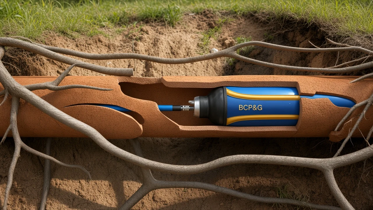 Underground cutaway showing trenchless bladder inflation beneath a concrete driveway without excavation