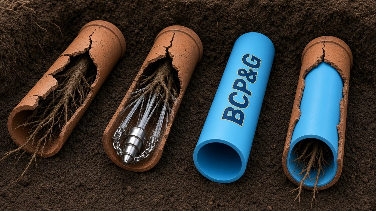 4-stage cutaway diagram of no-dig pipe relining for Brisbane City Plumbing & Gas